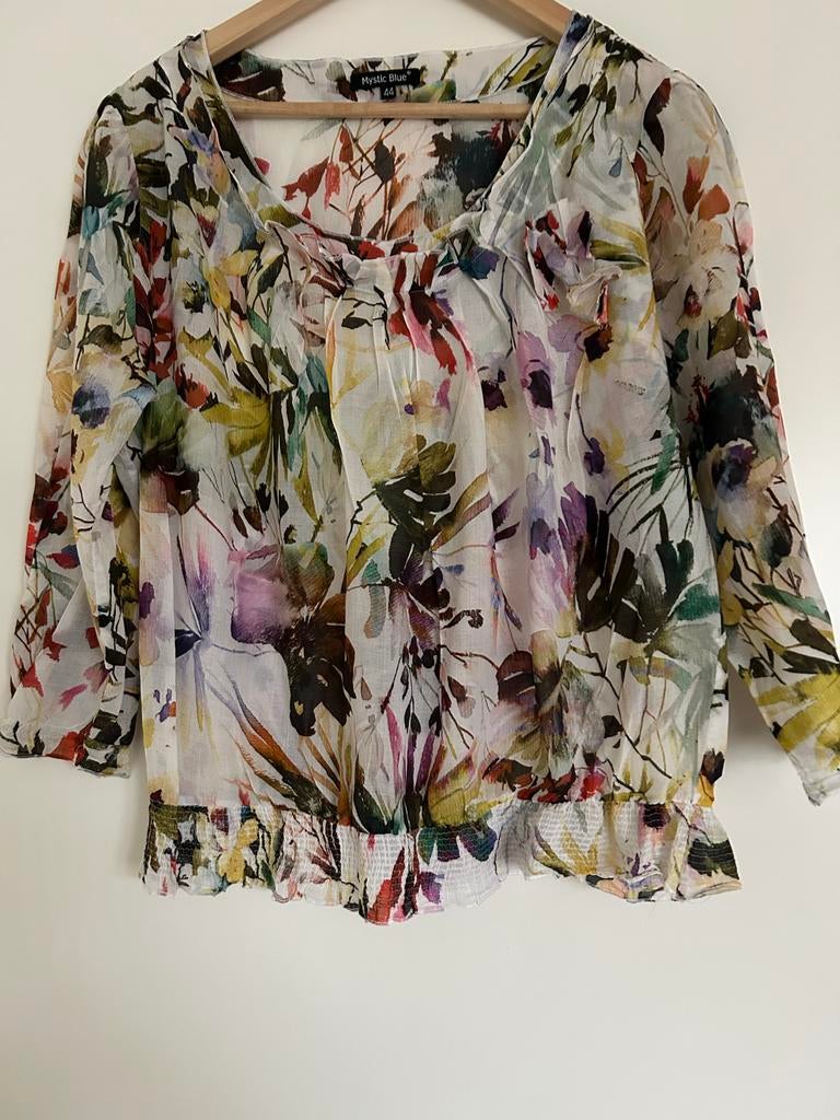 Mystic Blue Blouse - Kleurrijke Bloemenprint - Maat 44, Ophalen of Verzenden, Zo goed als nieuw, Maat 46/48 (XL) of groter, Overige kleuren