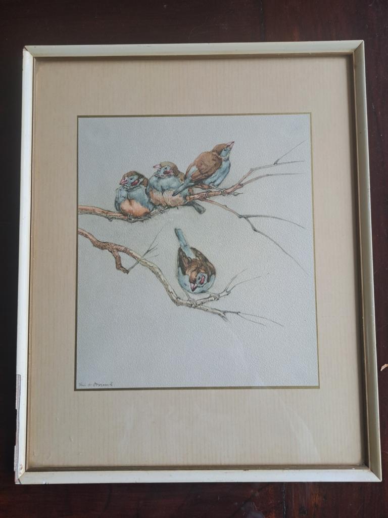Vintage aquarel van mussen, gesigneerd, ingelijst, Antiek en Kunst, Kunst | Schilderijen | Klassiek, Ophalen of Verzenden