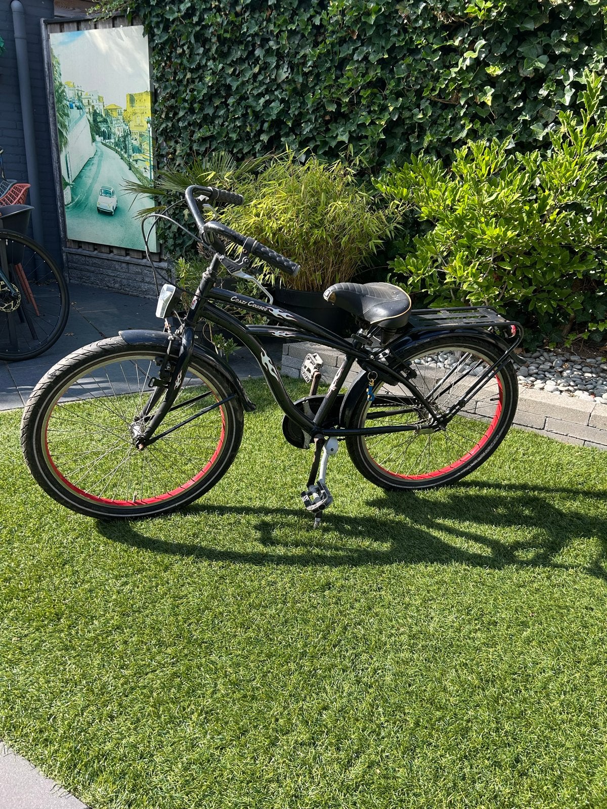 Zwarte Cruiser Fiets met Rode Velgen, Terugtraprem, Gebruikt, Minder dan 49 cm, Ophalen