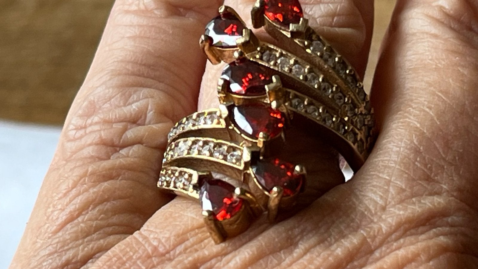Zilveren vergulde ring met Granaat en Topaas, maat 18, Sieraden, Tassen en Uiterlijk, Ringen, 18 tot 19, Verzenden, Zo goed als nieuw