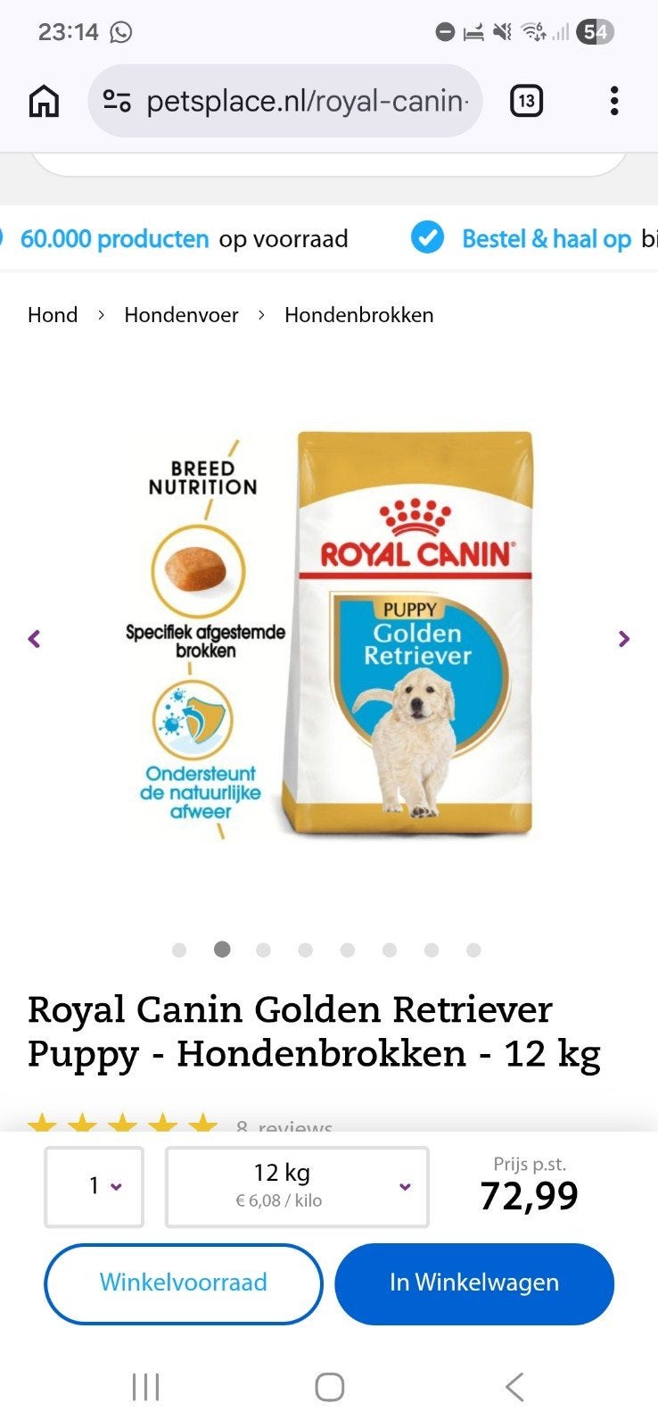 Royal Canin puppy golden retriever nieuwe zak 12 kg, Dieren en Toebehoren, Ophalen of Verzenden, Hond
