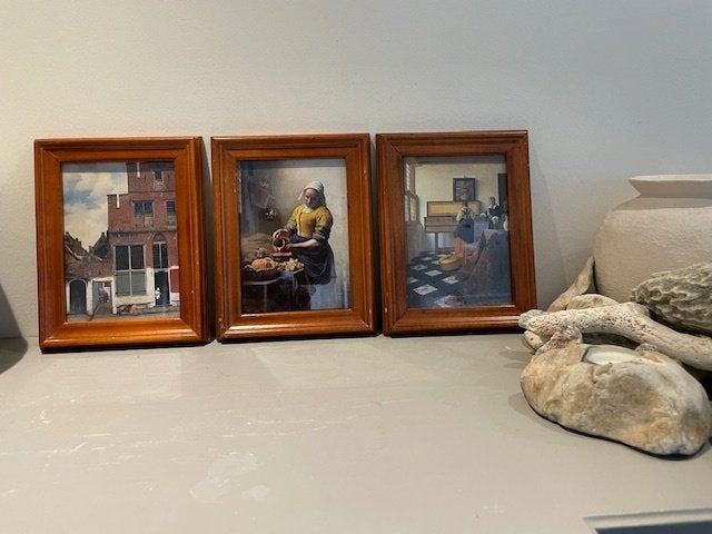3 ingelijste afbeelding Vermeer Oa Melkmeisje / Het straatje, Schilderij, Meerkleurig, Klassiek, Zo goed als nieuw