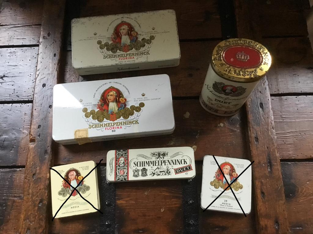 Schimmelpenninck sigarenblikken, 4 stuks., Ophalen of Verzenden, Gebruikt, Tabaksdoos of Verpakking