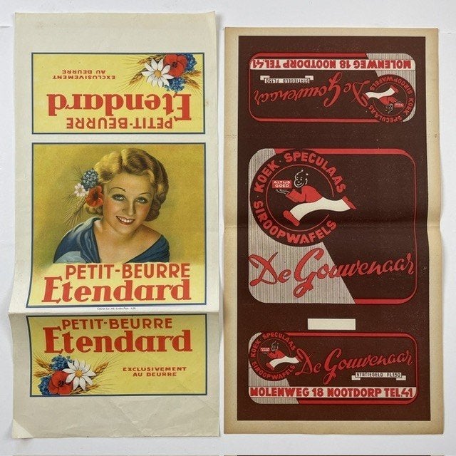 8 oude boxtops voor koekblikken 1930-1950, Ophalen of Verzenden, Gebruikt, Reclamebord