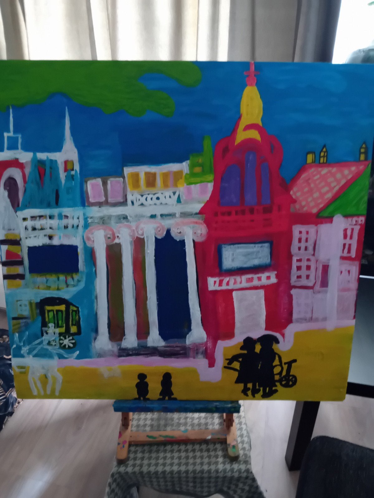 Kleurrijk Stadsgezicht Schilderij - Acryl op Doek, Antiek en Kunst, Ophalen of Verzenden