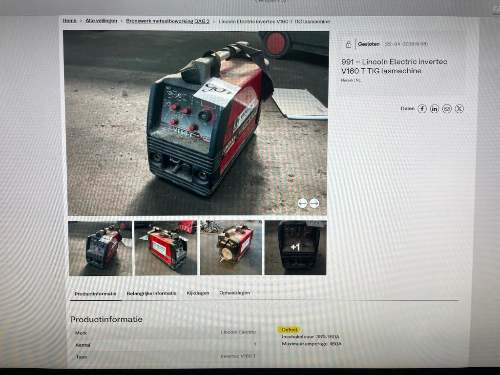 lasmachine, lincoln electric,invertic,V160T TIG, Doe-het-zelf en Verbouw, Gereedschap | Lasapparaten, Ophalen, Gebruikt, 150 tot 250 ampère