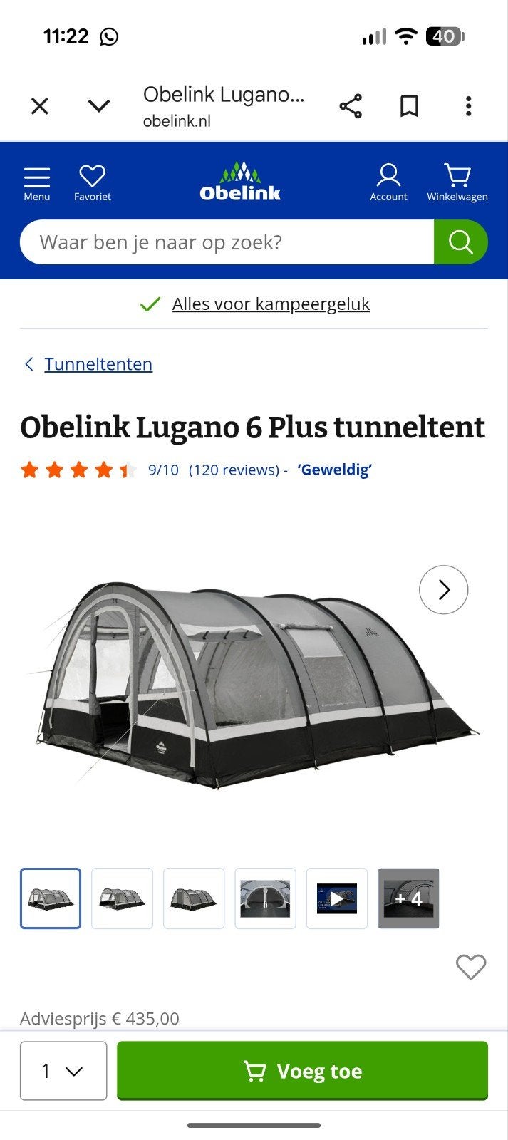 Obelink Lugano 6 Persoons tunneltent - Ruime gezinstent, Ophalen, Gebruikt, Meer dan 6