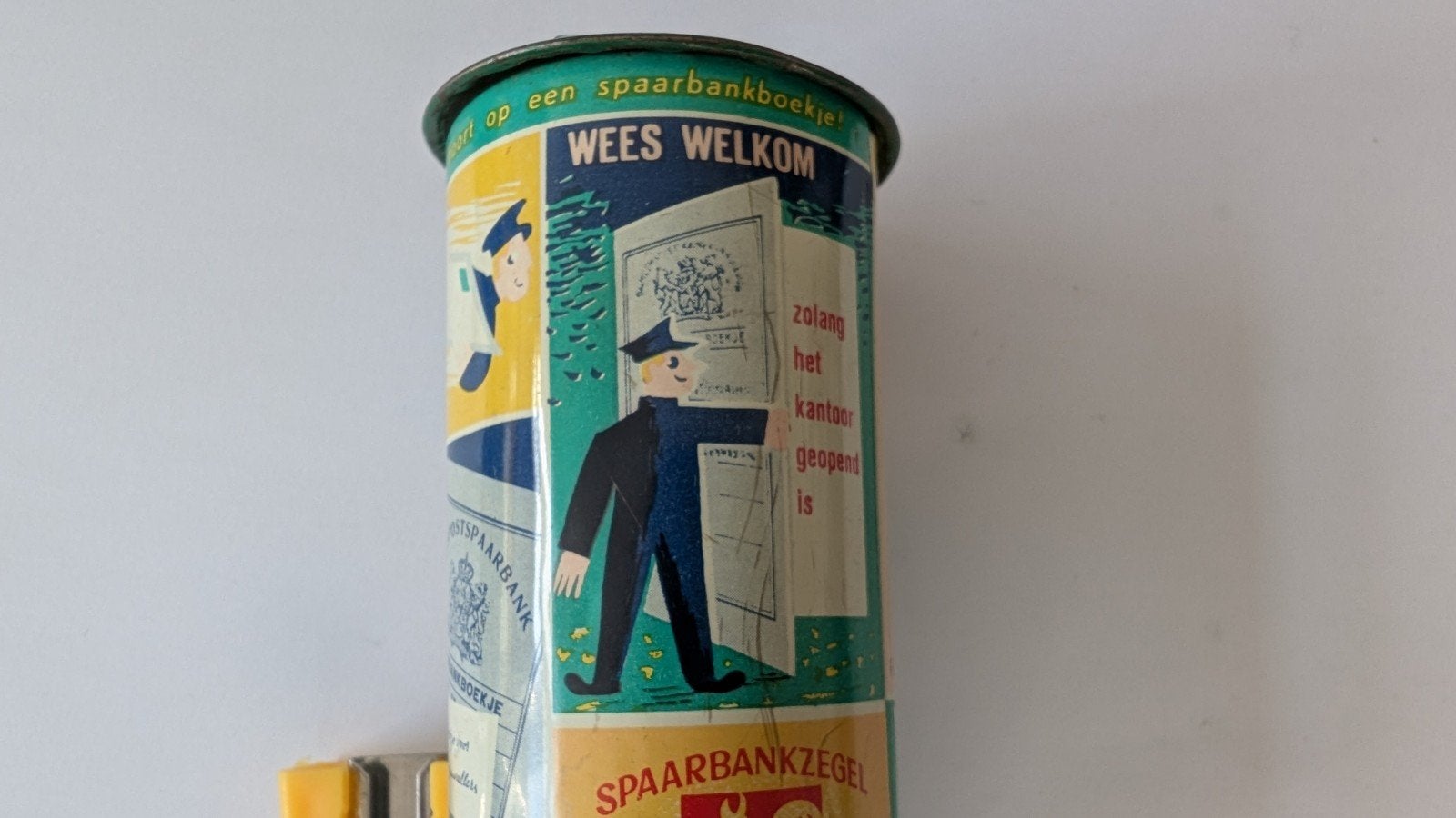 Vintage (jaren '60) Rijkspostspaarbank spaarpot blik, Verzamelen, Spaarpotten, Ophalen of Verzenden
