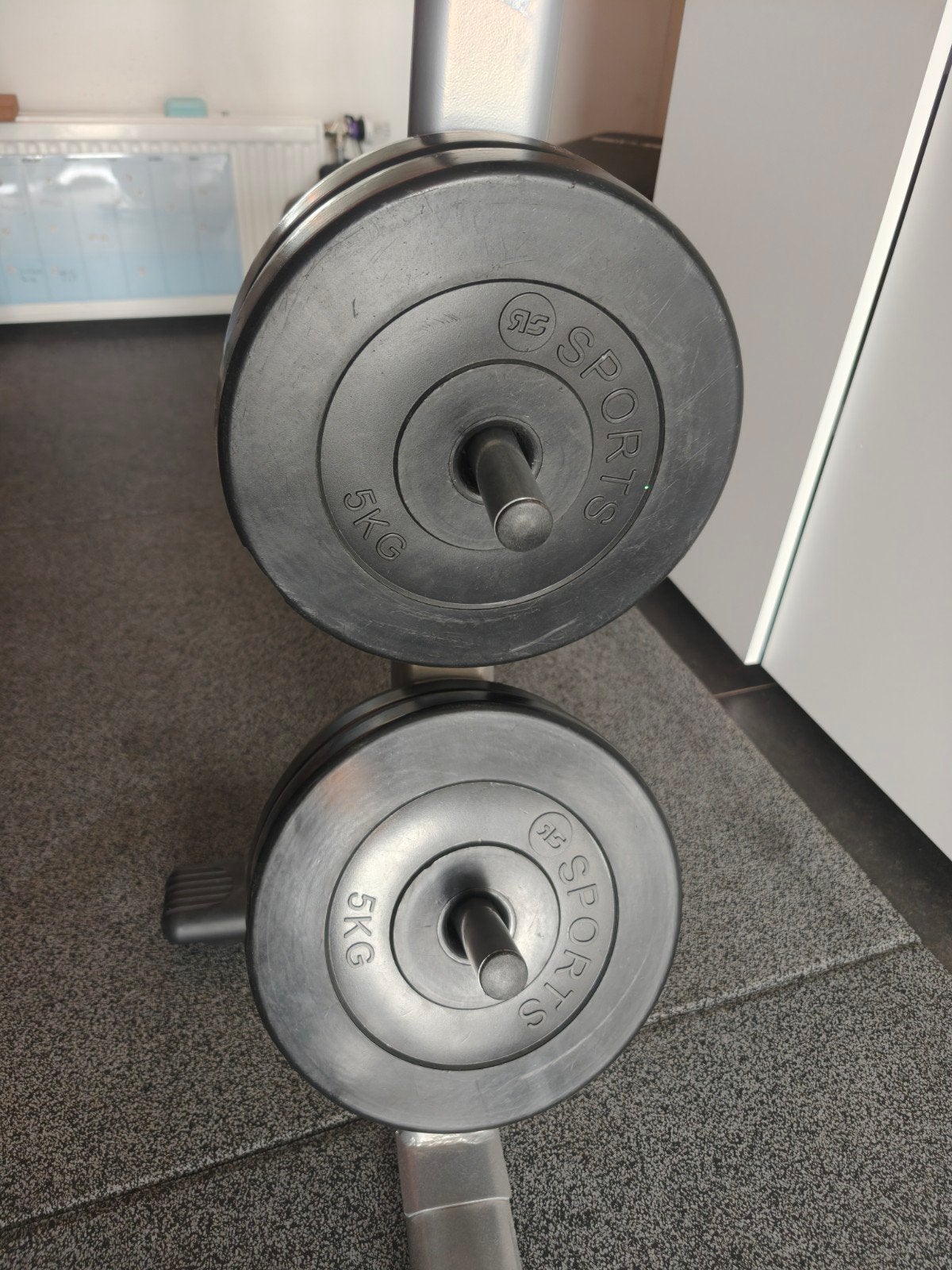 Halterset met 4x 5kg schijven en standaard, Sport en Fitness, Ophalen, Gebruikt, Rug, Halterset
