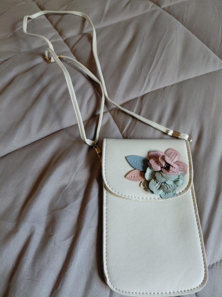 Creme  telefoontasje met bloemen - Zo goed als nieuw, Ophalen of Verzenden, Zo goed als nieuw, Schoudertasje