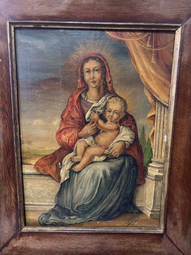 Oud schilderij Maria met kindje Jezus, gesigneerd, Antiek en Kunst, Kunst | Schilderijen | Klassiek, Ophalen of Verzenden