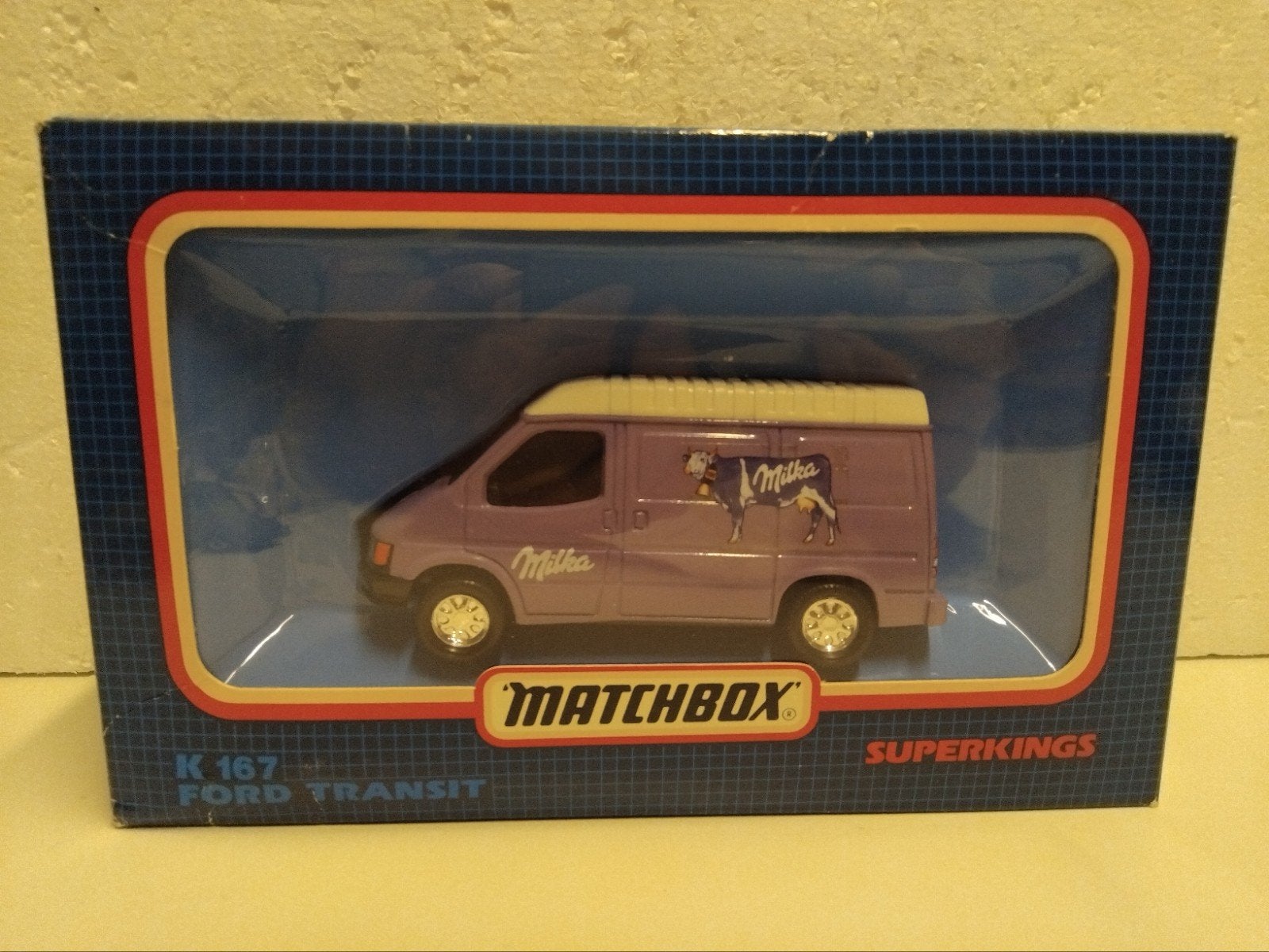 Matchbox K-167 Ford Transit lila MILKA 1990, Ophalen of Verzenden, Zo goed als nieuw, Auto, Matchbox