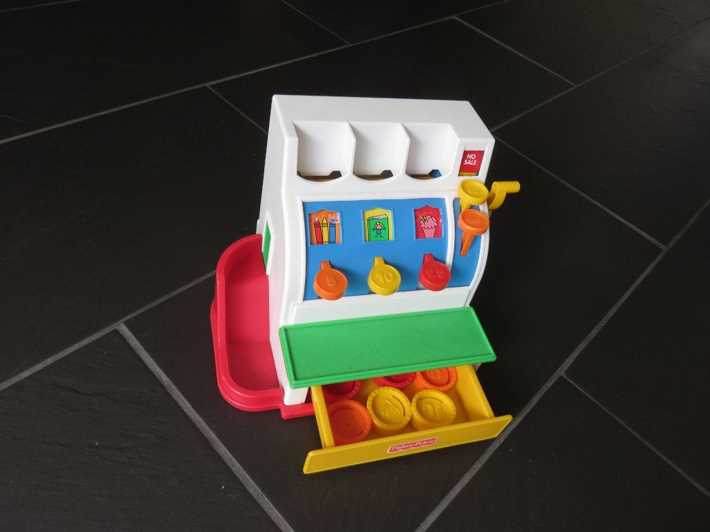Fisher price kassa met 6 munten, vintage, Ophalen of Verzenden, Zo goed als nieuw, Speelset
