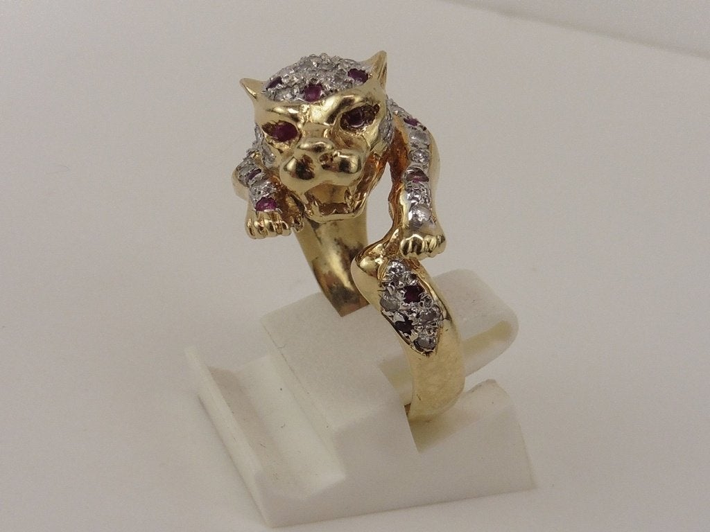 Gouden panter ring met robijn en briljant               VDH1, Gebruikt, Overige kleuren, ., Ophalen of Verzenden