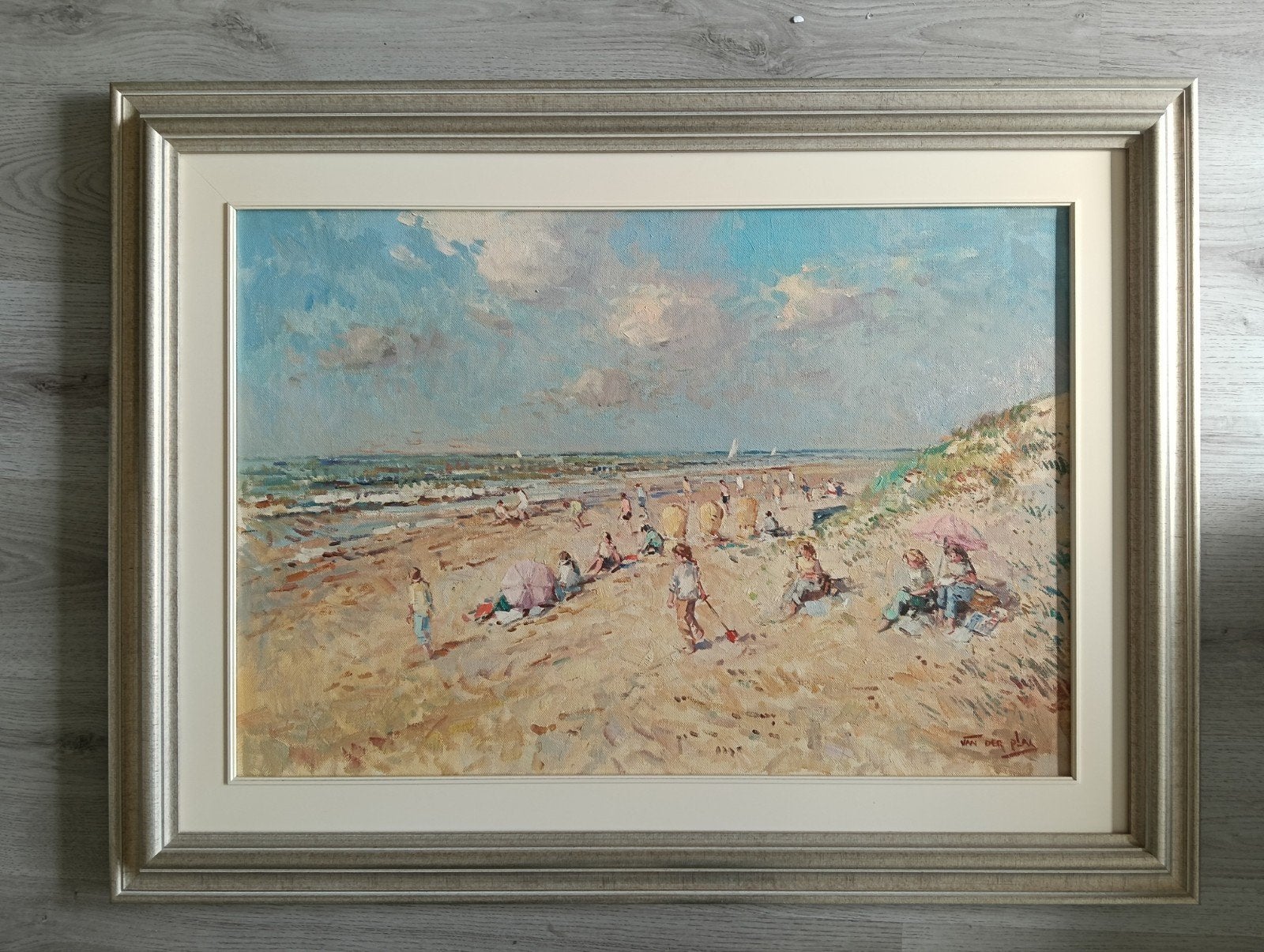 Niek van der Plas (1954) - Strandgezicht - Zomerpret Strand, Ophalen of Verzenden