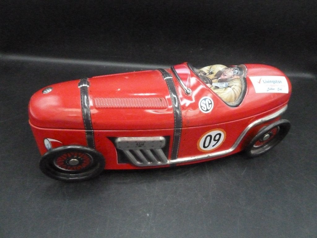 Vintage racewagen koektrommel Silver Crane, Ophalen of Verzenden, Gebruikt, Koek(jes)