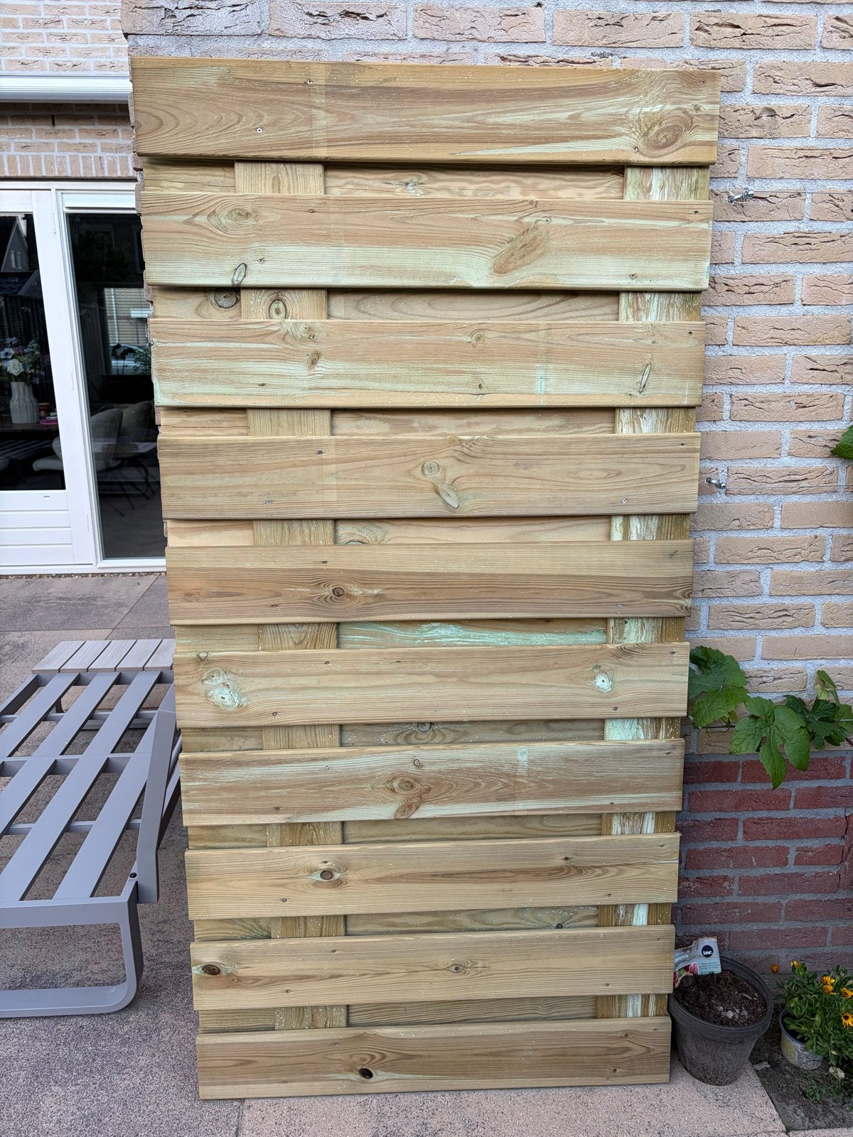 Nieuw laag schuttingpaneel met onderplaat en paal, Tuin en Terras, Schuttingen, Ophalen, Nieuw, Hout, Minder dan 3 meter