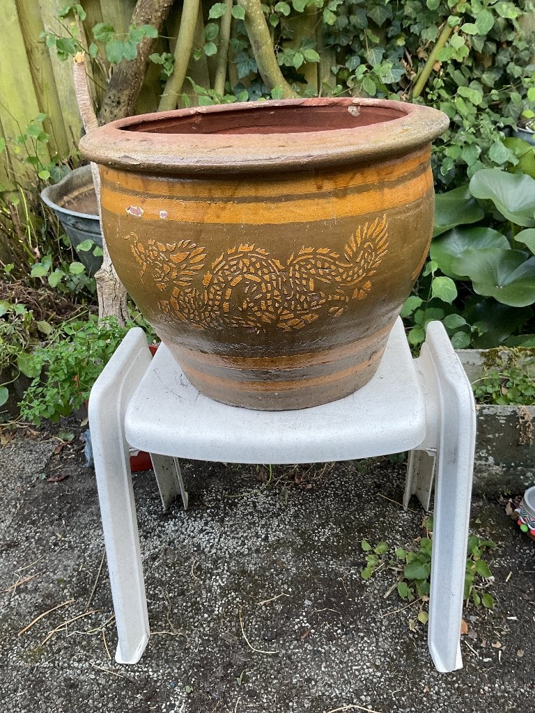 Grote stenen buitenbloempot, Tuin en Terras, Ophalen, Steen, Gebruikt, Rond
