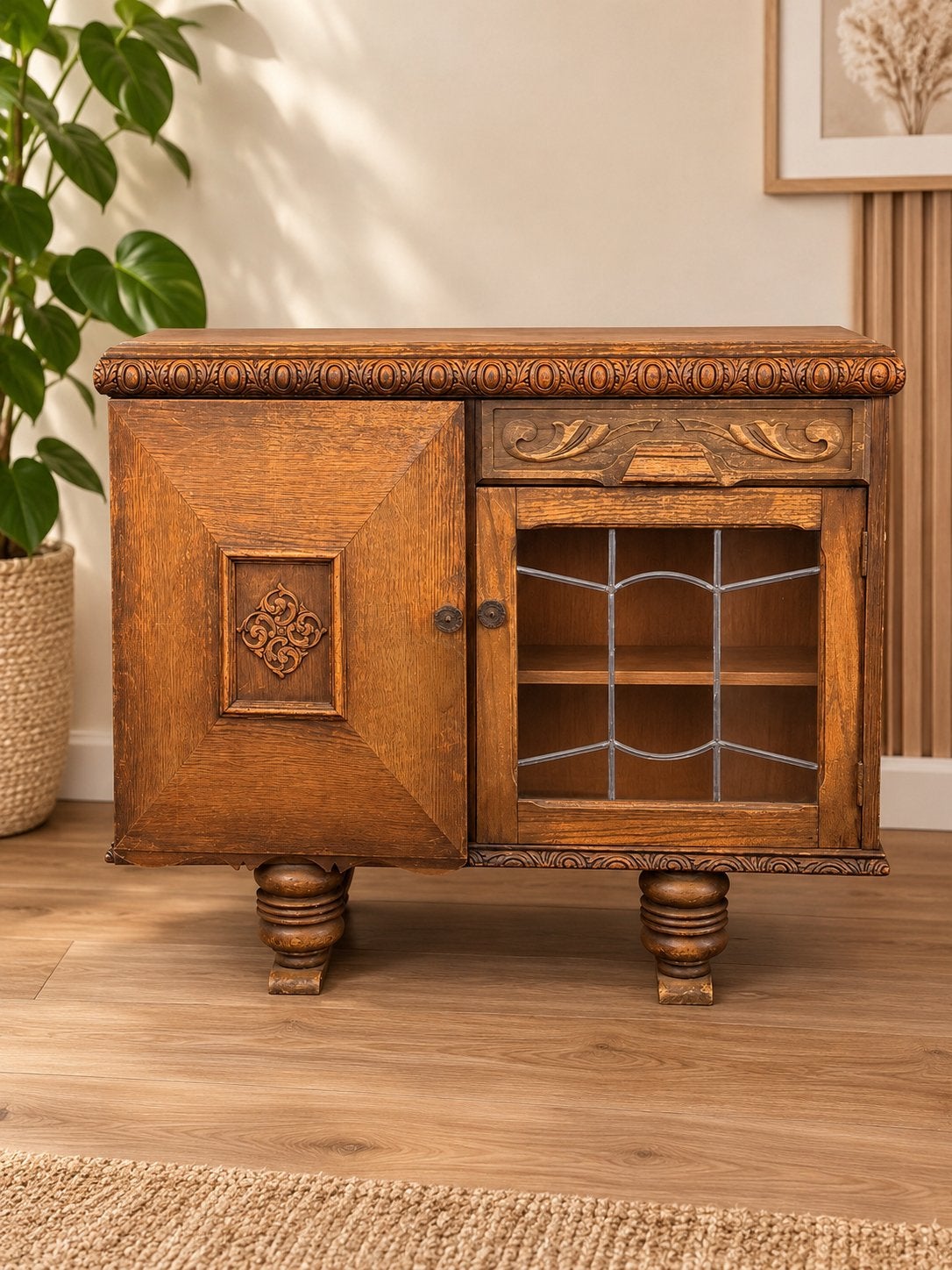 Vintage Houten Kastje met Houtsnijwerk en Glazen Deurtje, Ophalen of Verzenden