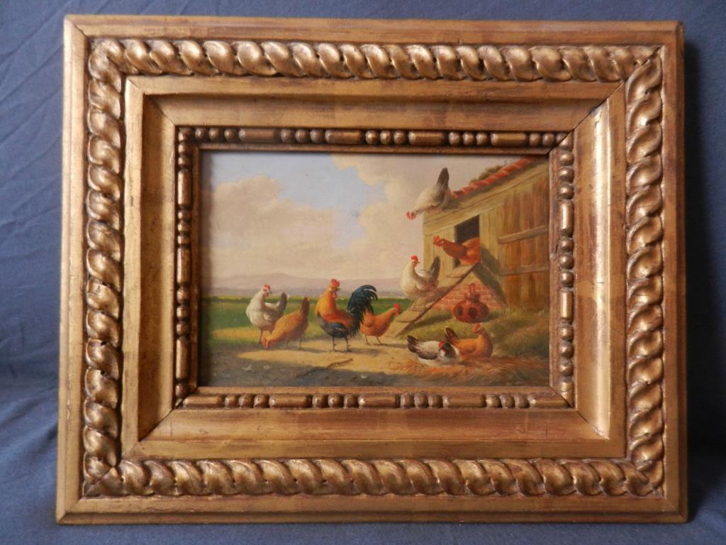 Olieverf paneel Haan met hennen A Verhoesen 1877 (1806-1881), Ophalen of Verzenden