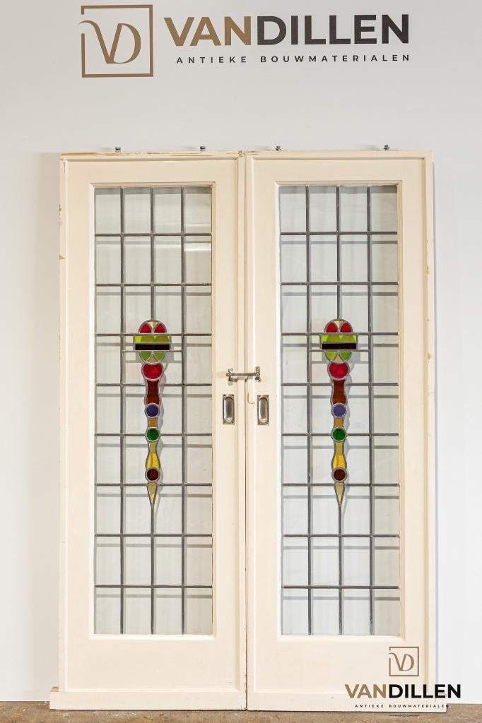 Antieke ensuite schuifdeuren glas in lood art deco 202 x 68