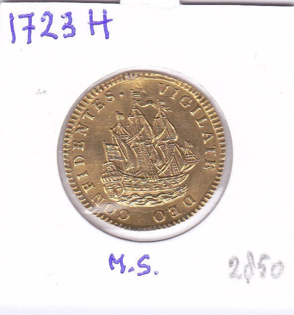 Scheepjesschelling 1723 H afslag in goud met montagespoor, Ophalen of Verzenden, Vóór koninkrijk, Overige waardes, Goud