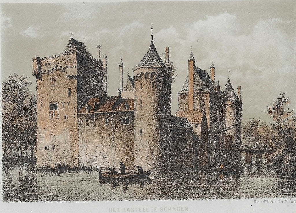 Het Kasteel te Schagen Litho door W.J. Hofdijk ca. 1857, 1800 - 1899, Architectuur, Ophalen of Verzenden, Blanco verso
