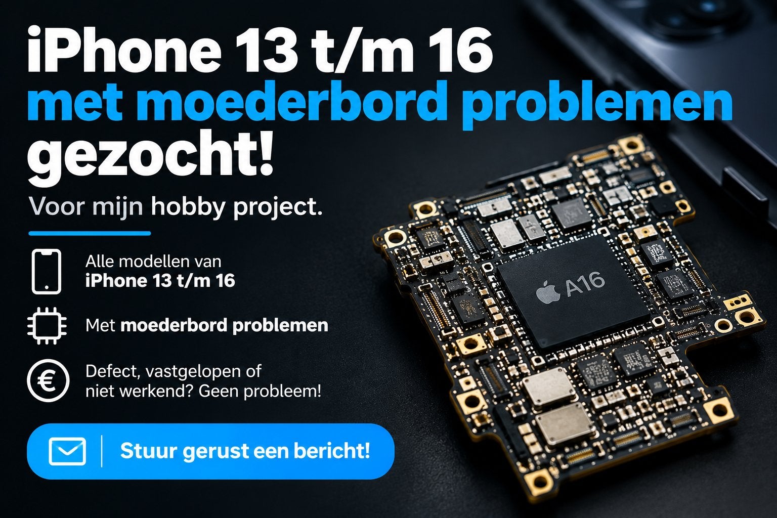Gezocht: iPhone 13 t/m 16 Pro Max met moederbord problemen, Telecommunicatie, Ophalen of Verzenden, Niet werkend, 128 GB, IPhone 15 Pro