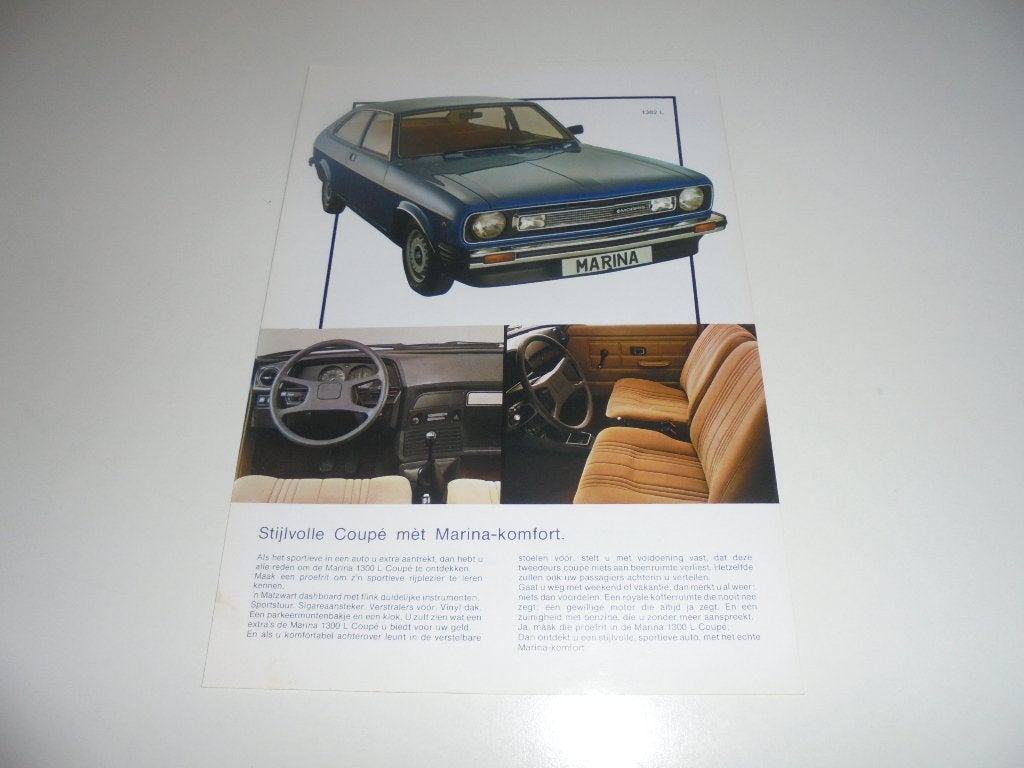 leaflet Morris Marina Coupé 1300 L, Boeken, Auto's | Folders en Tijdschriften, Ophalen of Verzenden, Nieuw, Overige merken