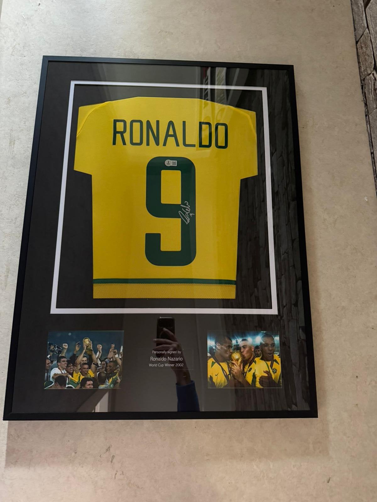 Gesigneerd Ronaldo Nazário Brazilië Shirt WK 2002  Beckett, Ophalen of Verzenden, Zo goed als nieuw, Buitenlandse clubs, Shirt