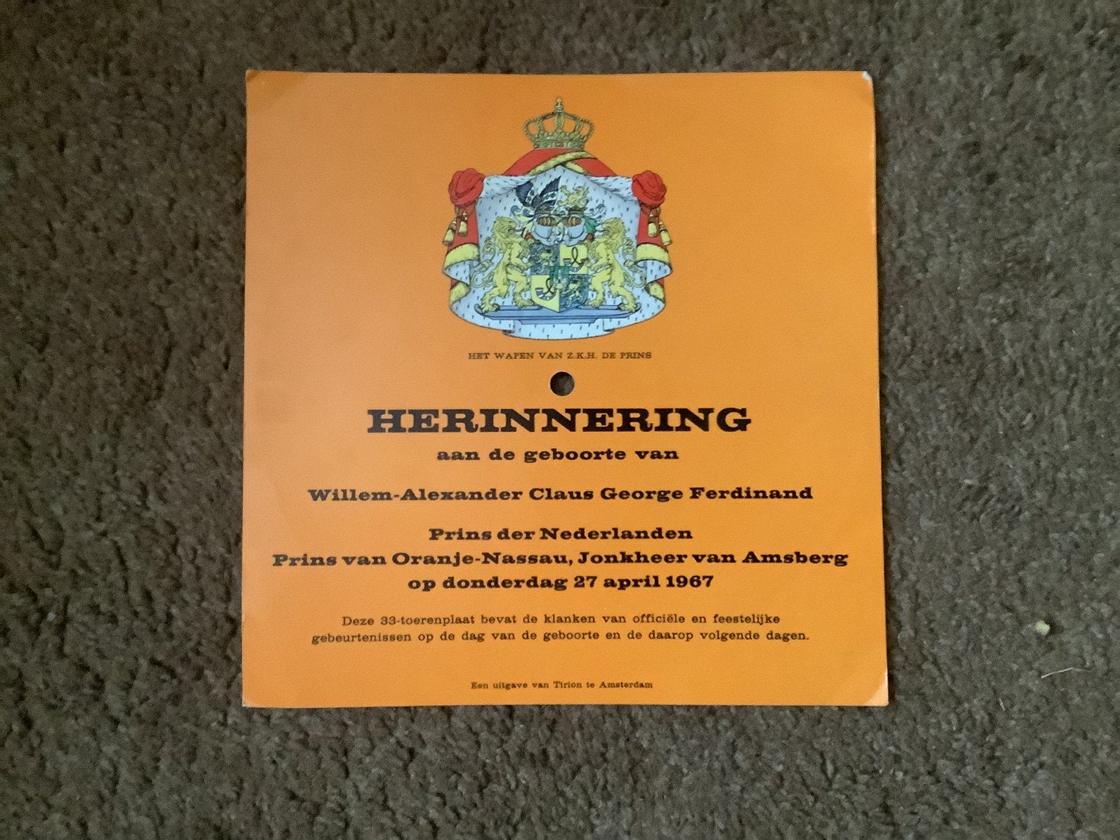 Herinneringsingle Geboorte Willem Alexander, Ophalen of Verzenden, Gebruikt, Nederlandstalig