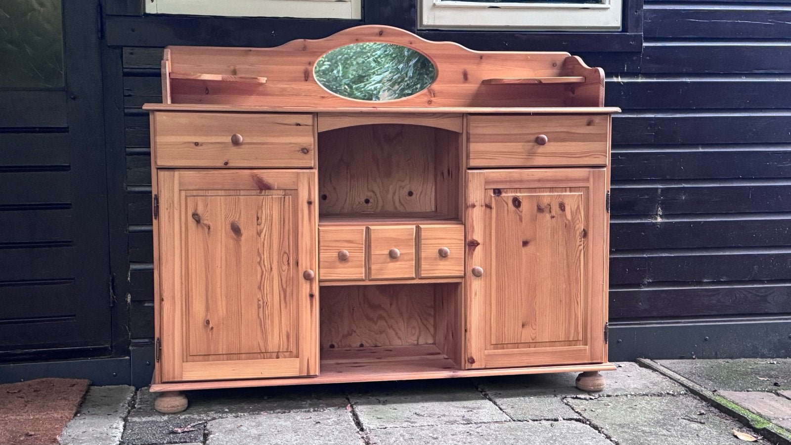 Houten dressoir met spiegel en lades, Ophalen, Gebruikt, 100 tot 150 cm, Grenenhout