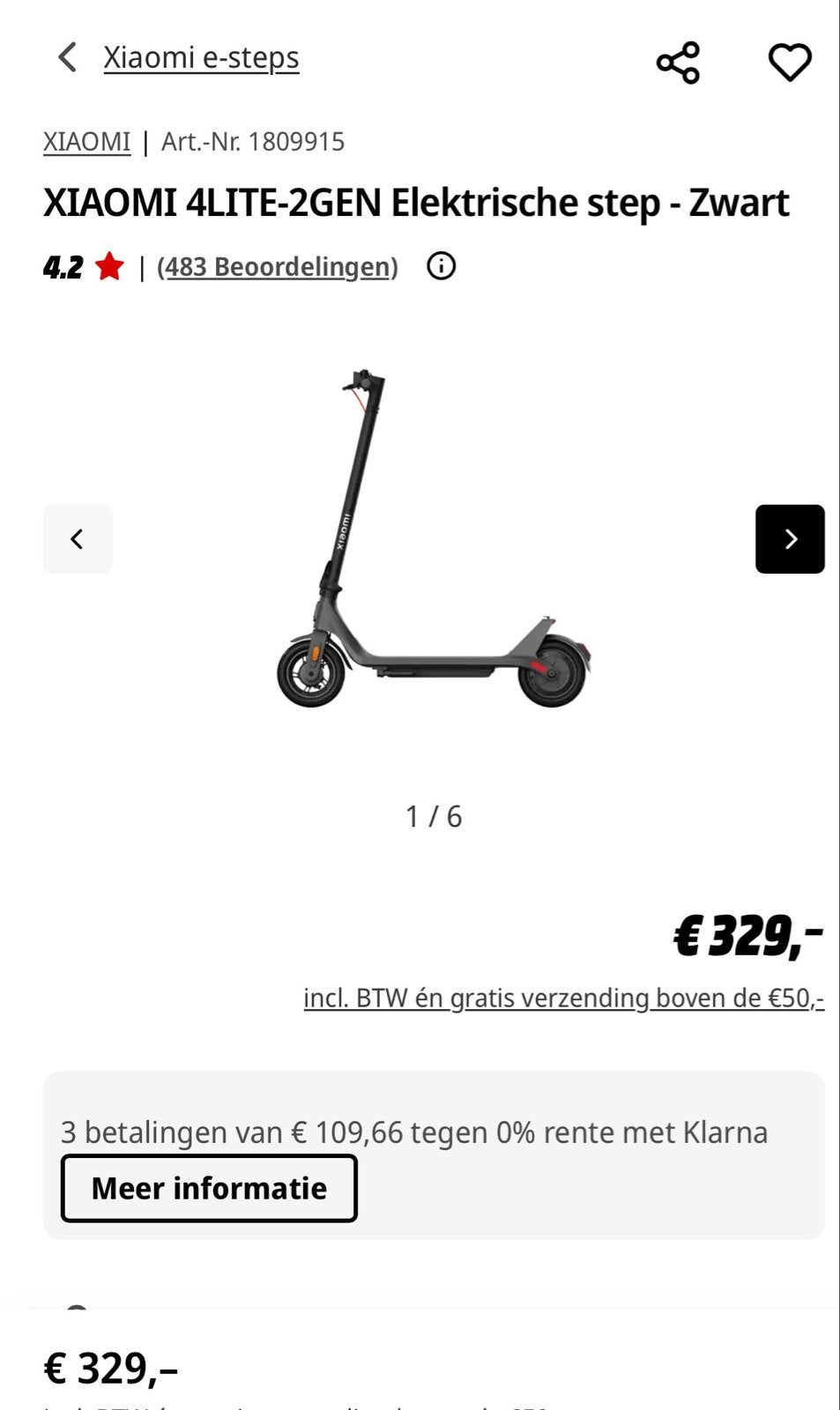 Xiaomi 4LITE-2GEN Elektrische step - Zwart, Ophalen, Zo goed als nieuw, Elektrische step (E-scooter)