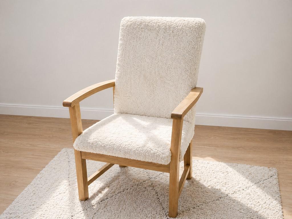 Comfortabele fauteuil met teddy stof en houten frame, Ophalen, Gebruikt, Wit, Eén