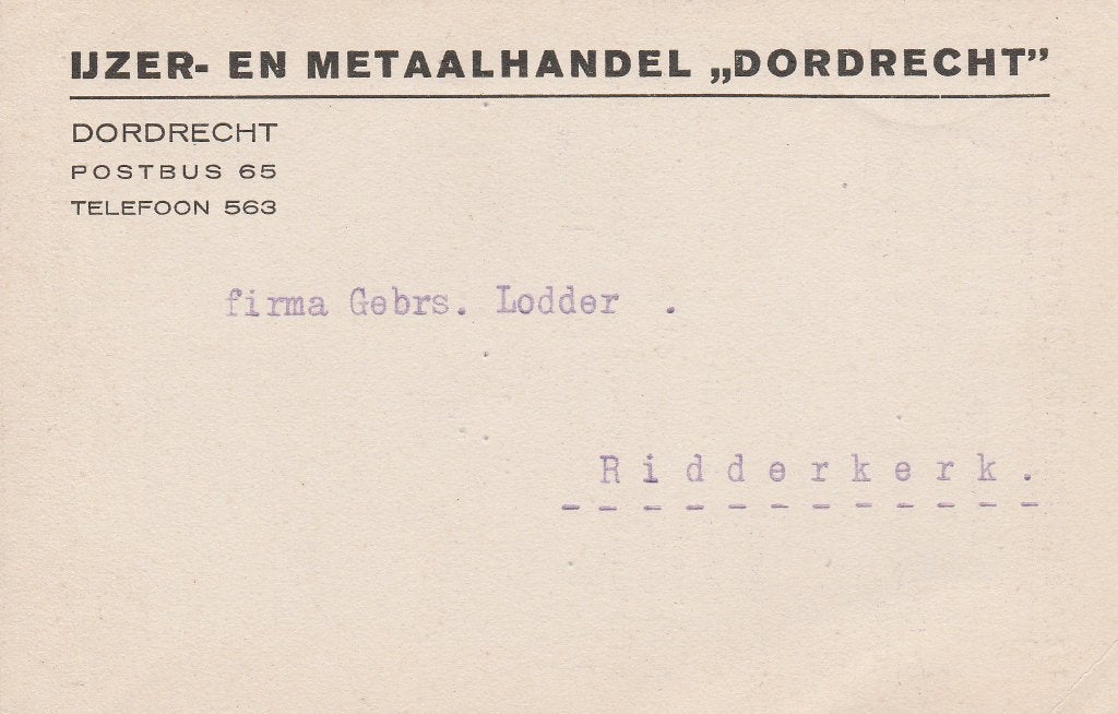 DORDRECHT 1921 Bedrijfsbriefkaart IJZER- en Metaalhandel, Ophalen of Verzenden, 1920 tot 1940, Gelopen, Zuid-Holland