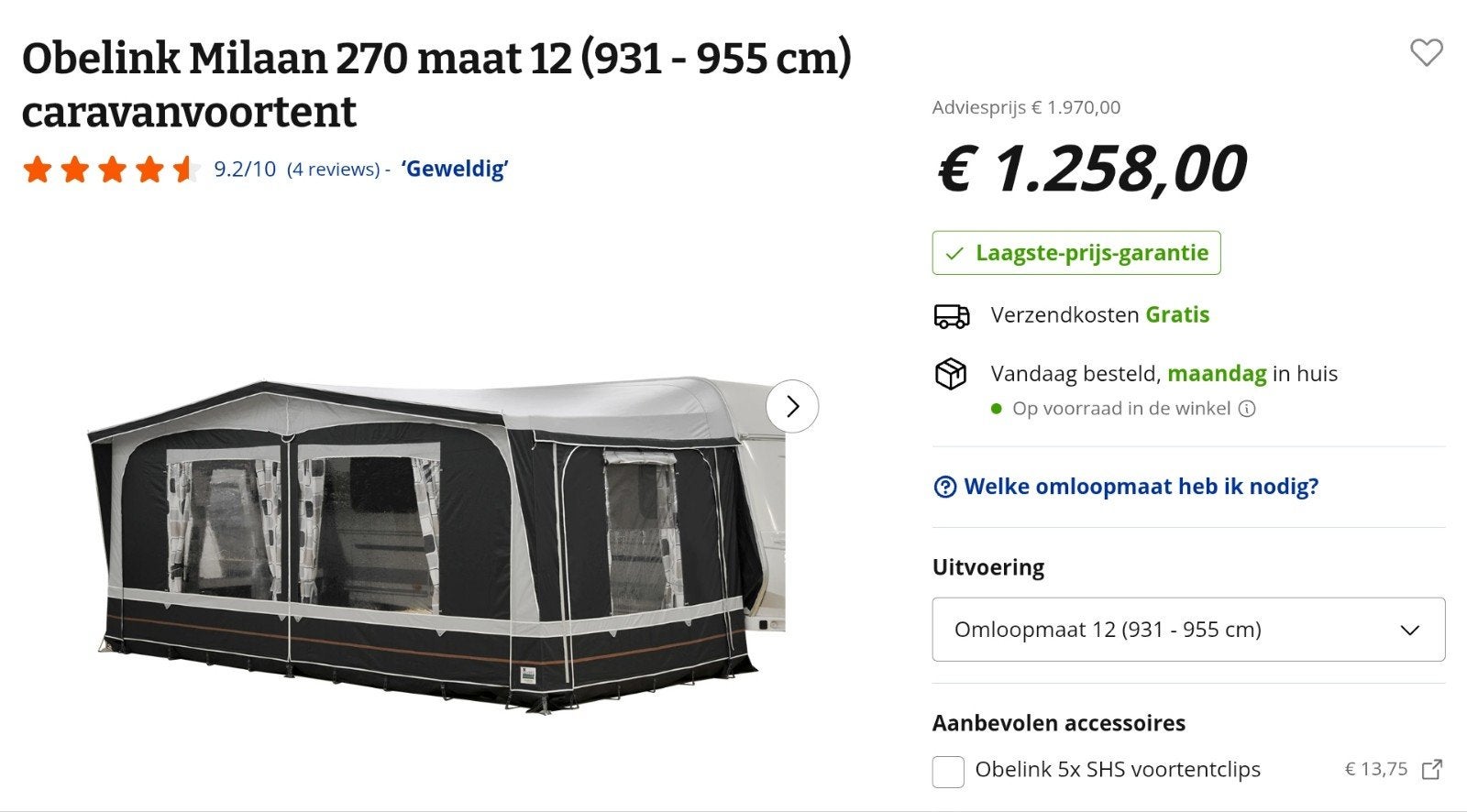 Zo goed als nieuwe Obelink Milaan 270 voortent maat 12, Caravans en Kamperen, Voortenten en Luifels, Ophalen, Zo goed als nieuw