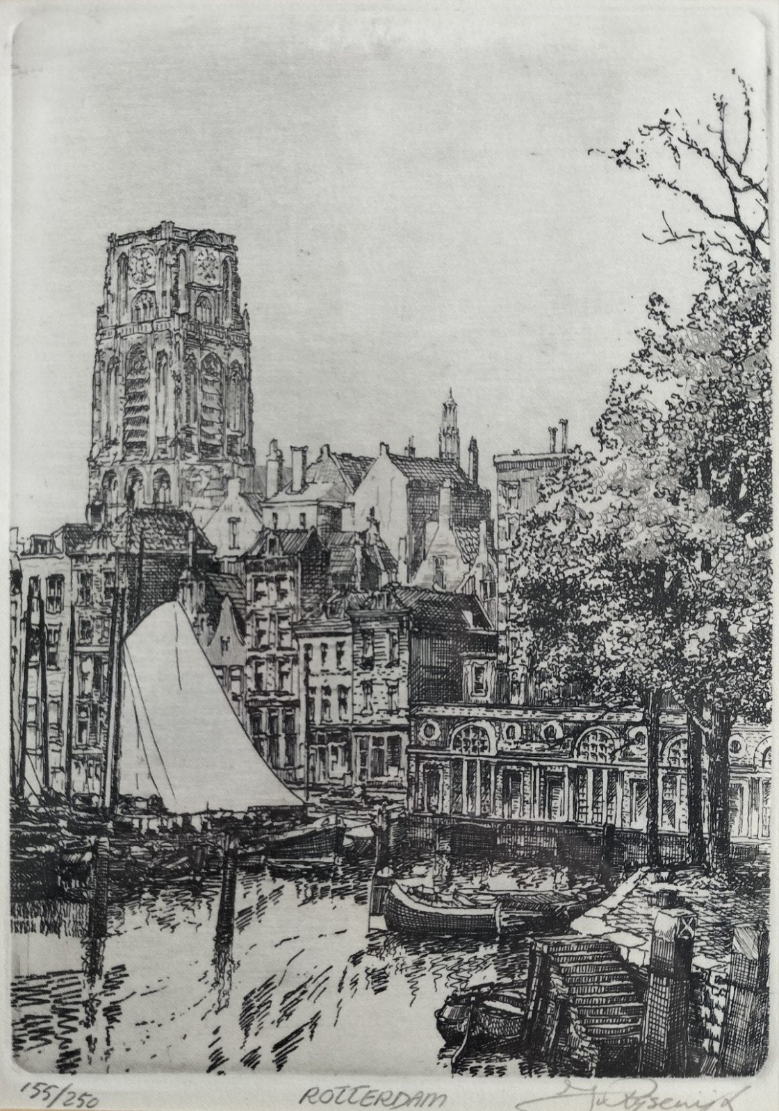 Rotterdam haven J. van Rijsewijk oud antiek ets schilderij, Ophalen of Verzenden