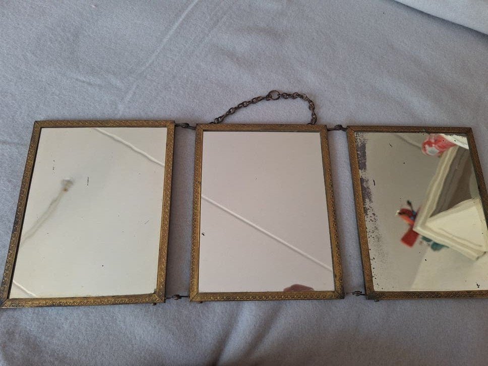 Antieke drieluik spiegel met prenten, Antiek en Kunst, Ophalen of Verzenden