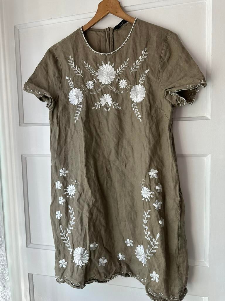 100% linnen taupe geborduurde tuniek blouse jurk Zara  M, Ophalen of Verzenden, Zo goed als nieuw, Maat 38/40 (M), Groen