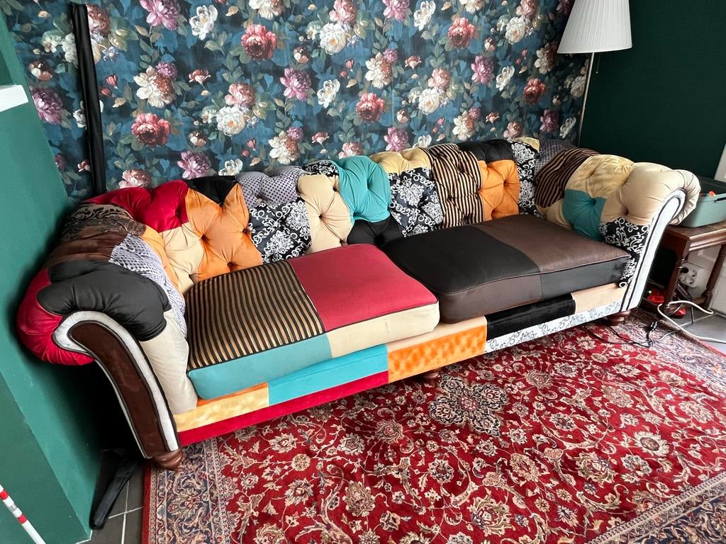 Zeer grote Jan Frantzen bank - Patchwork design, Huis en Inrichting, Ophalen, Gebruikt, 300 cm of meer, 75 tot 100 cm