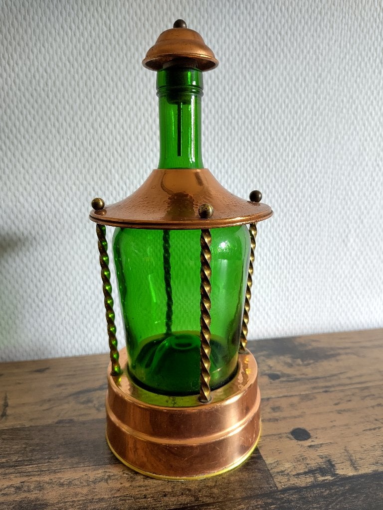 Vintage Muzikale Lantaarn Karaf – Groen Glas & Koper, Ophalen of Verzenden