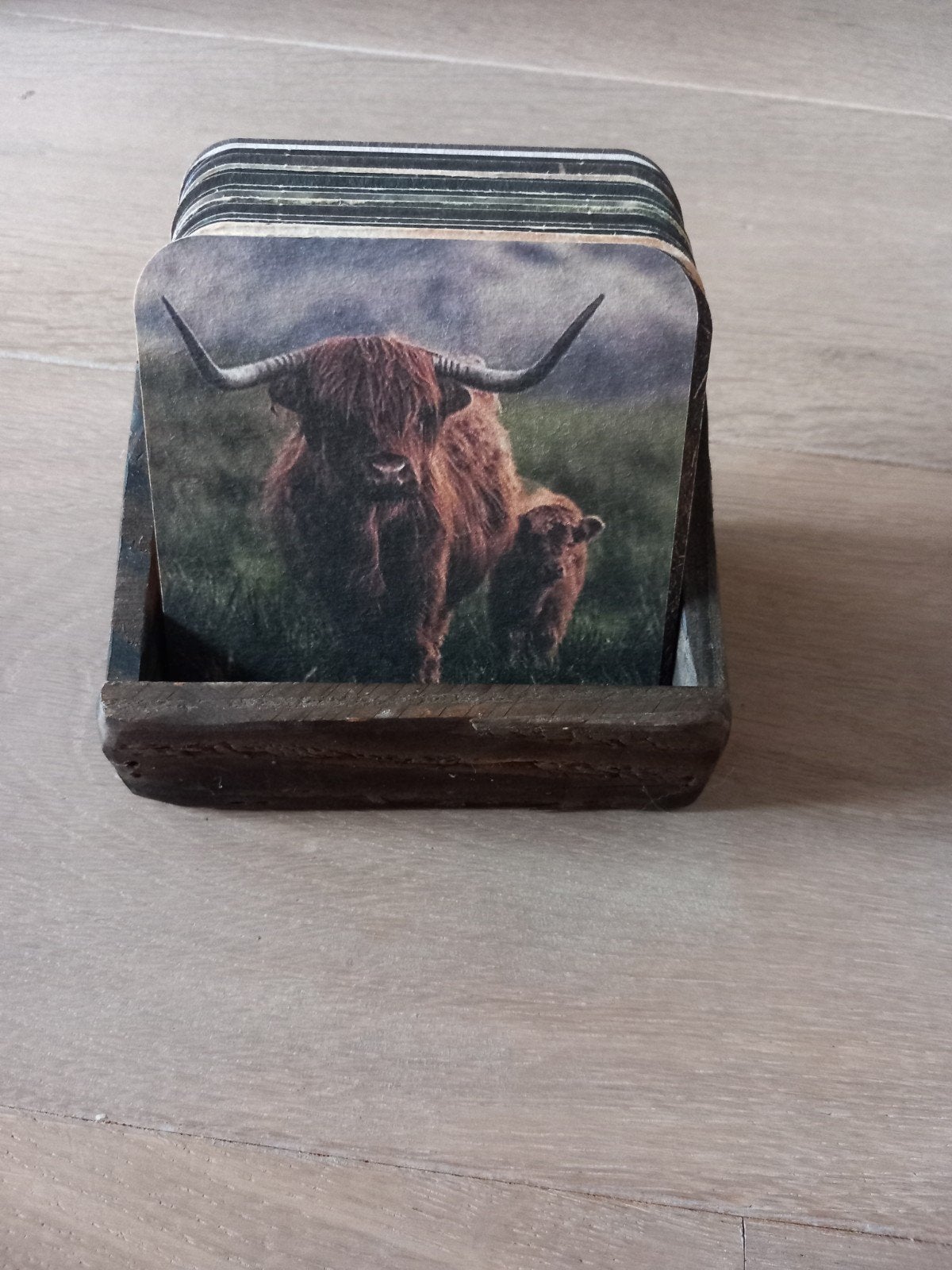 18 landelijke onderzetters met houten houder, Ophalen of Verzenden, Glasonderzetter, Zo goed als nieuw, Met houder