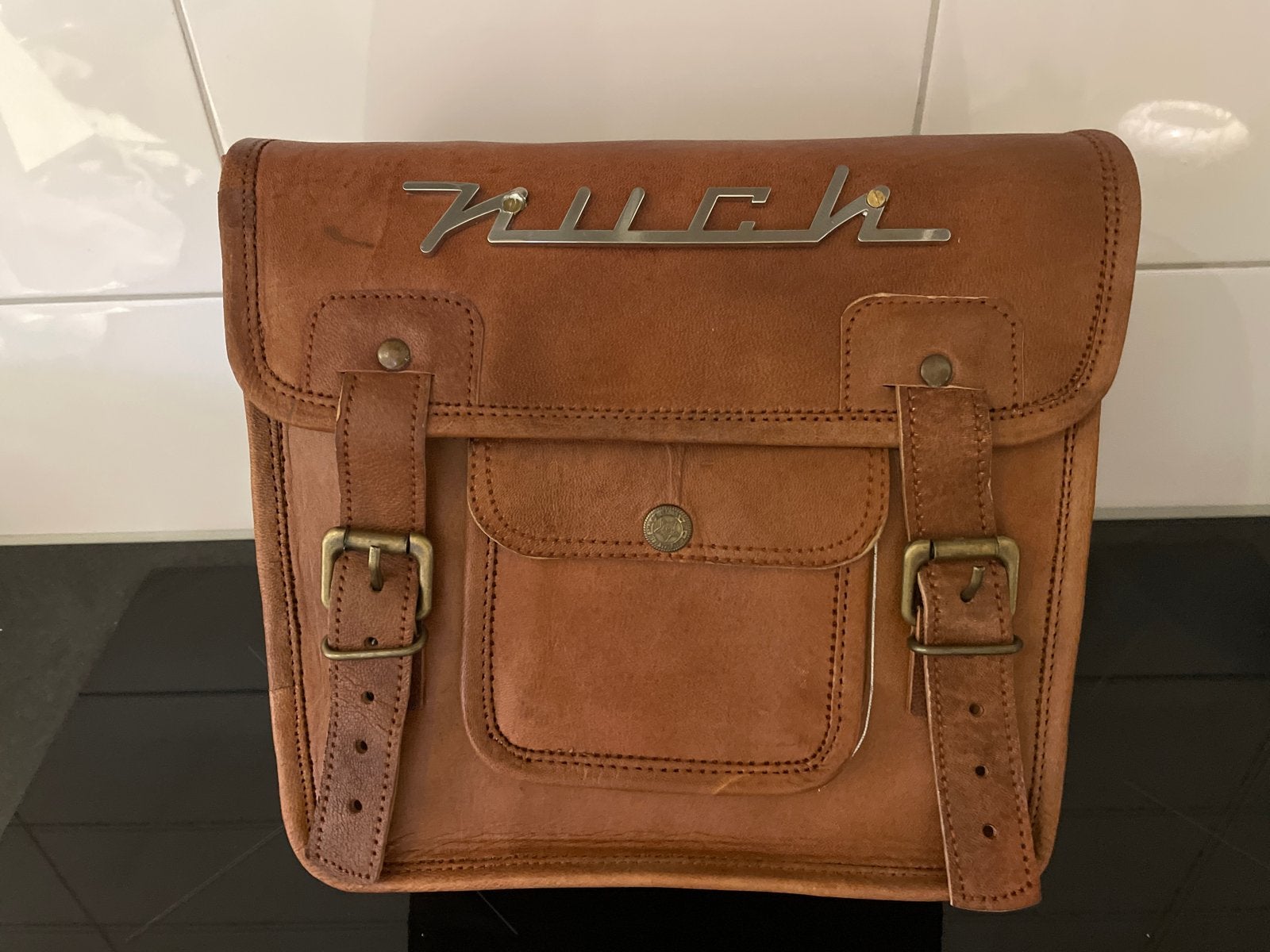 Puch bagagerek leren tas met RVS embleem, Ophalen of Verzenden, Gebruikt, Overige typen