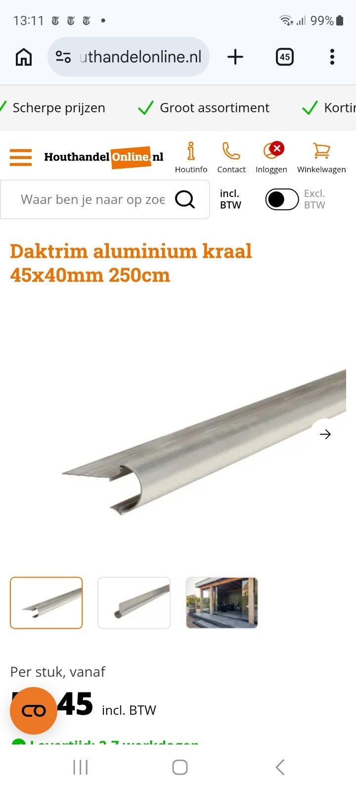 Aluminium daktrim kraal 45x40mm met 2 buitenhoeken, Overige materialen, Overige kleuren, Nieuw, Ophalen of Verzenden