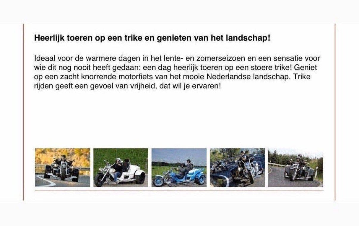 Dagje Trike rijden in Venlo (2 personen)geldig tot juli 2027, Twee personen, Kortingsbon