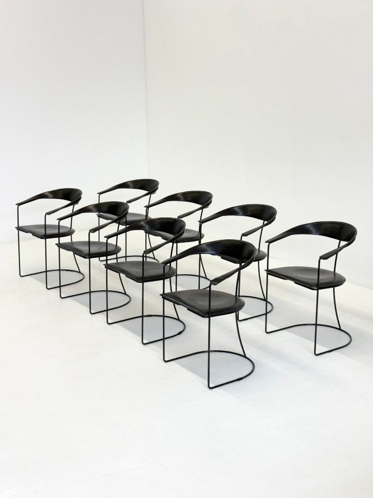 Set van 8 Vintage Arrben Ursala eetkamerstoelen zwart leer, Huis en Inrichting, -, Zwart, -, Ophalen of Verzenden