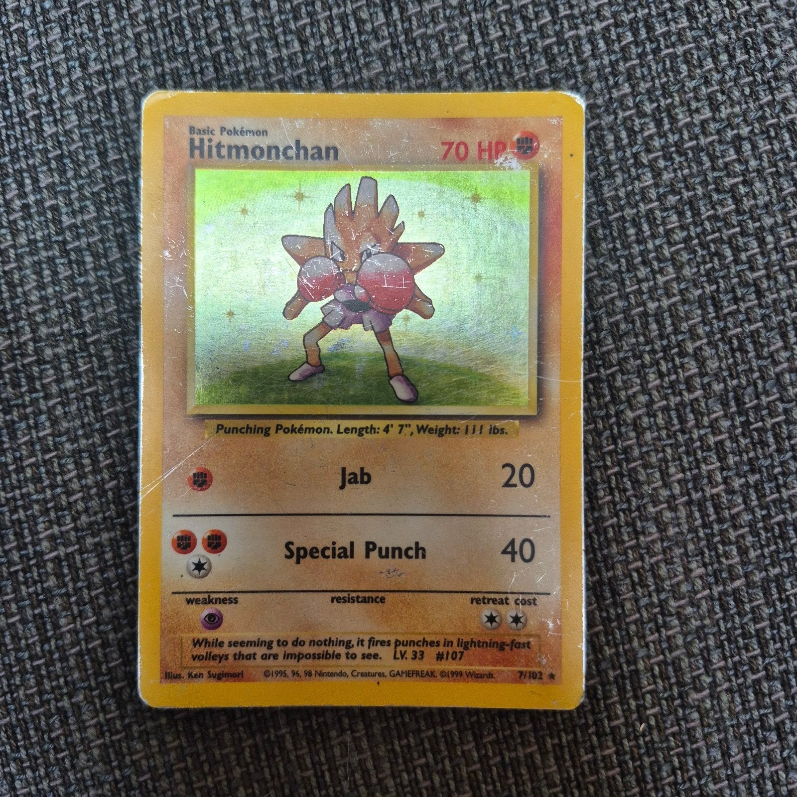 Hitmonchan Pokémon kaart - Base Set Holo, Ophalen of Verzenden, Gebruikt, Losse kaart, Foil