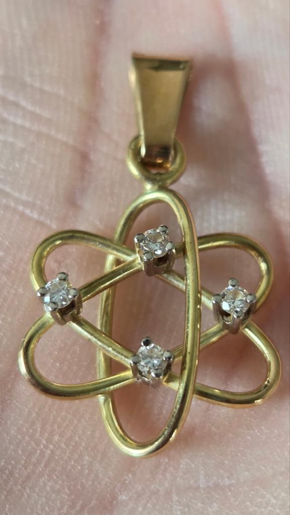 14 karaats gouden atoommodel hanger met briljanten, Ophalen of Verzenden, Zo goed als nieuw, Goud, Goud