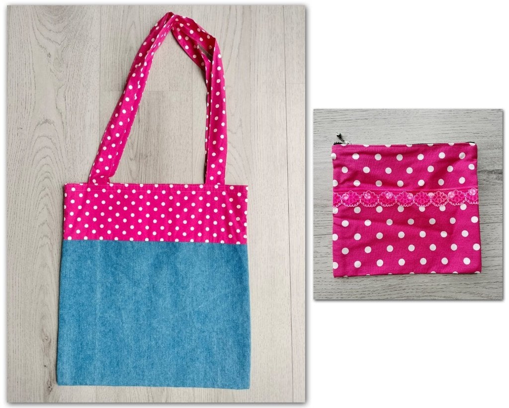 Totebag jeans & pink dots 38 cm x 40 cm bijbehorende clutch, Verzenden, Nieuw, Roze, Overige merken