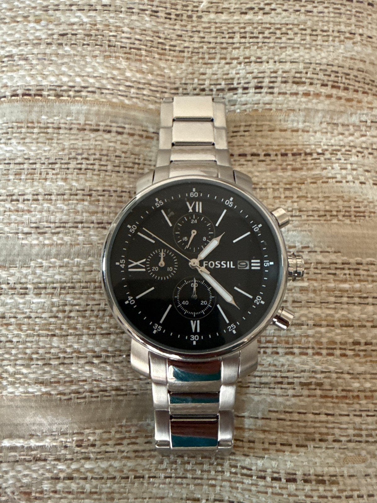 Fossil herenhorloge met stalen band en zwarte wijzerplaat, Staal, Staal, Polshorloge, Nieuw